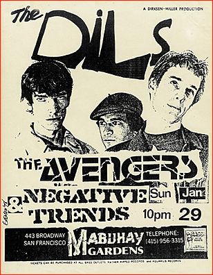 gig flyer of THE AVENGERS January 29th, 1978 appearance at Mabuhay Gardens, San Francisco, CA