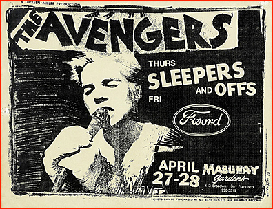 gig flyer of THE AVENGERS April 28th, 1978 appearance at Mabuhay Gardens, San Francisco, CA